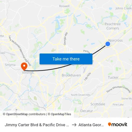 Jimmy Carter Blvd & Pacific Drive Ob to Atlanta Georgia map