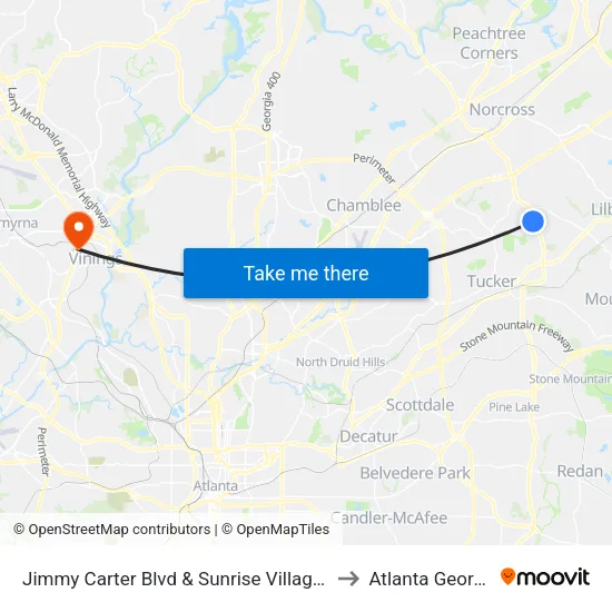 Jimmy Carter Blvd & Sunrise Village Ln to Atlanta Georgia map