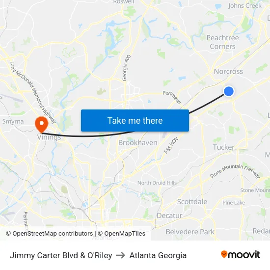 Jimmy Carter Blvd & O'Riley to Atlanta Georgia map