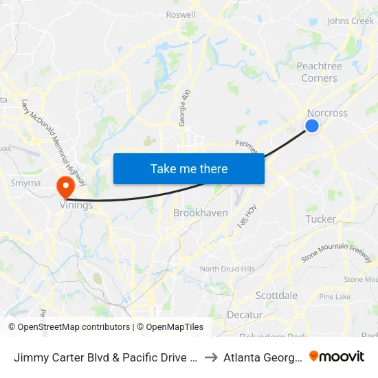 Jimmy Carter Blvd & Pacific Drive Ib to Atlanta Georgia map