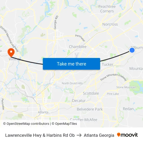 Lawrenceville Hwy & Harbins Rd Ob to Atlanta Georgia map