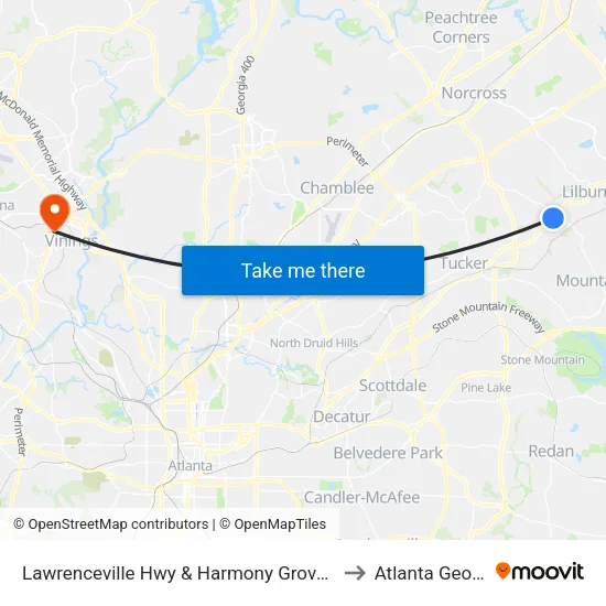 Lawrenceville Hwy & Harmony Grove Rd Ob to Atlanta Georgia map