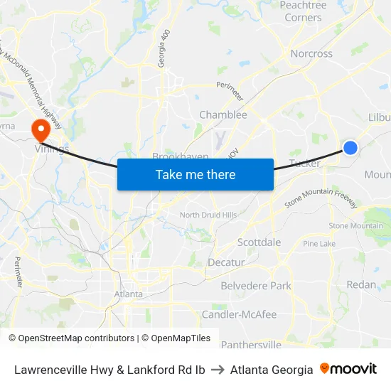 Lawrenceville Hwy & Lankford Rd Ib to Atlanta Georgia map