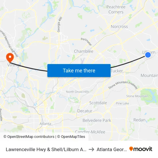 Lawrenceville Hwy & Shell/Lilburn Animal to Atlanta Georgia map