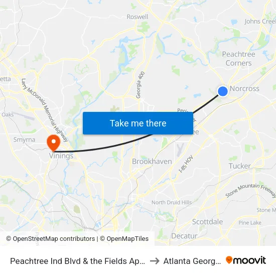 Peachtree Ind Blvd & the Fields Apts to Atlanta Georgia map