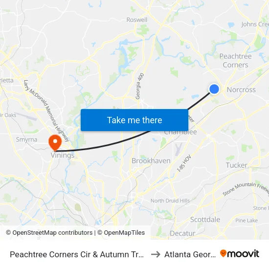 Peachtree Corners Cir & Autumn Trace Dr to Atlanta Georgia map