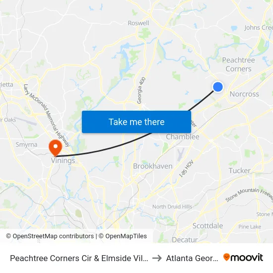Peachtree Corners Cir & Elmside Villg Ln to Atlanta Georgia map