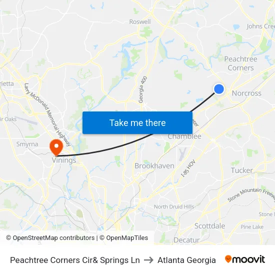 Peachtree Corners Cir& Springs Ln to Atlanta Georgia map