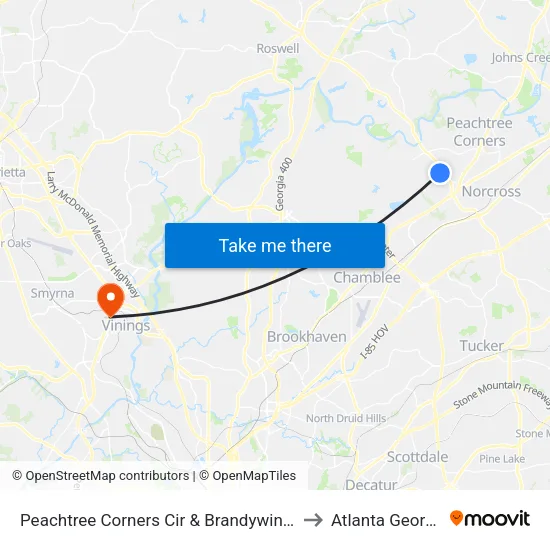 Peachtree Corners Cir & Brandywine Tr to Atlanta Georgia map
