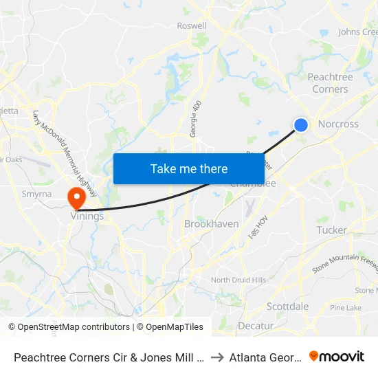 Peachtree Corners Cir & Jones Mill Spur to Atlanta Georgia map