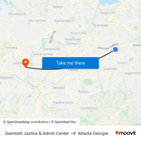 Gwinnett Justice & Admin Center to Atlanta Georgia map