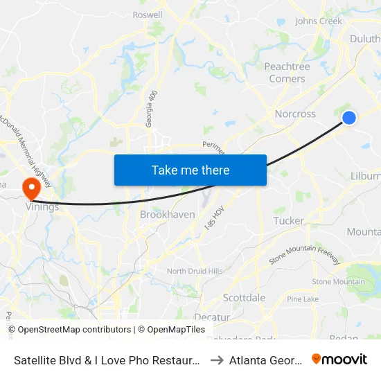 Satellite Blvd & I Love Pho Restaurant I to Atlanta Georgia map
