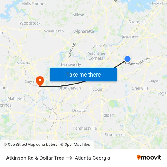 Atkinson Rd & Dollar Tree to Atlanta Georgia map