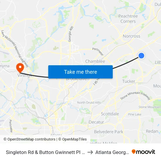 Singleton Rd & Button Gwinnett Pl Ib to Atlanta Georgia map