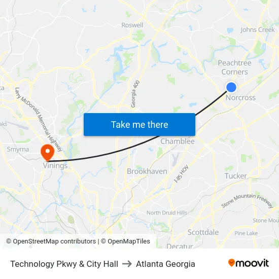Technology Pkwy & City Hall to Atlanta Georgia map