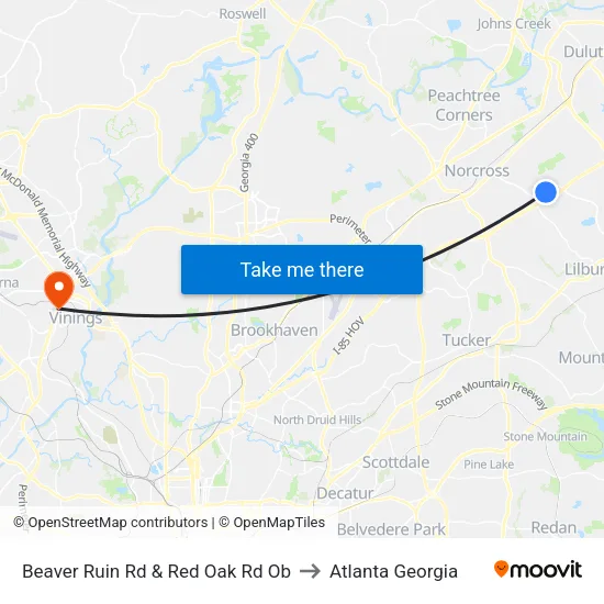 Beaver Ruin Rd & Red Oak Rd Ob to Atlanta Georgia map