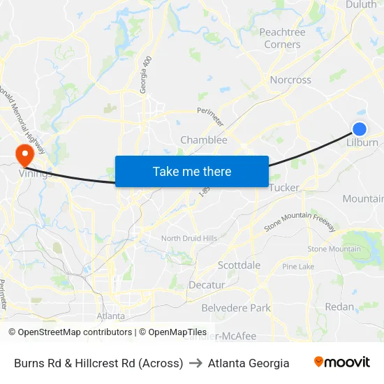 Burns Rd & Hillcrest Rd (Across) to Atlanta Georgia map