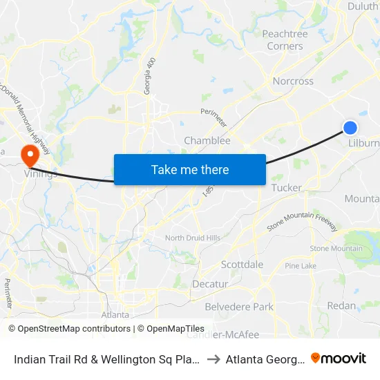 Indian Trail Rd & Wellington Sq Plaza to Atlanta Georgia map