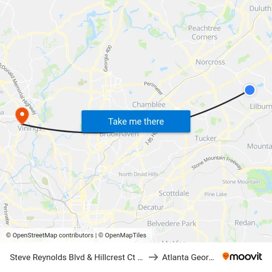 Steve Reynolds Blvd & Hillcrest Ct Ob to Atlanta Georgia map