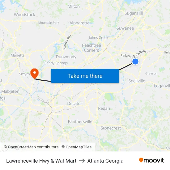 Lawrenceville Hwy & Wal-Mart to Atlanta Georgia map