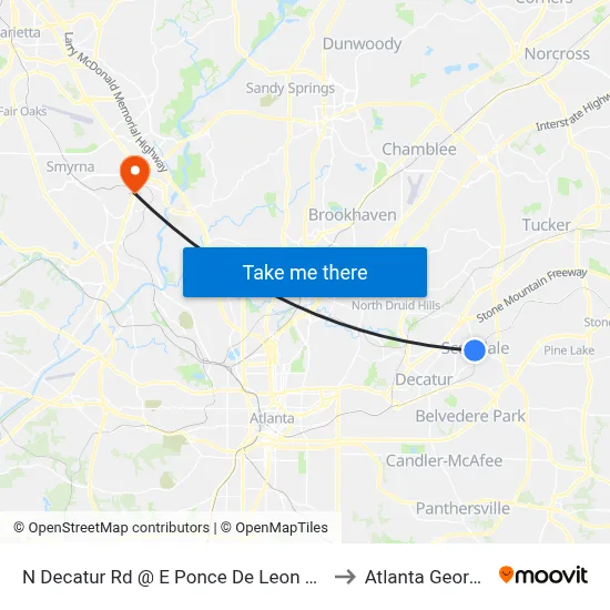 N Decatur Rd @ E Ponce De Leon Ave to Atlanta Georgia map
