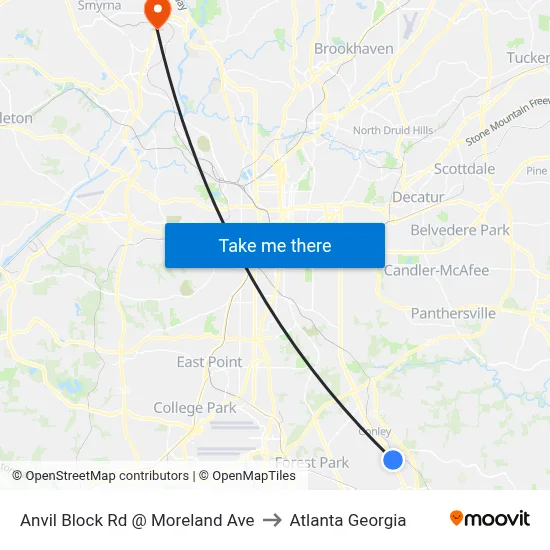 Anvil Block Rd @ Moreland Ave to Atlanta Georgia map