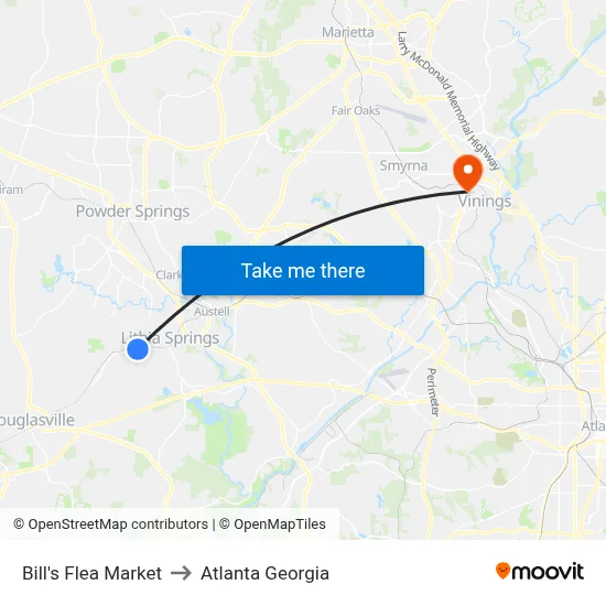 Bill's Flea Market to Atlanta Georgia map