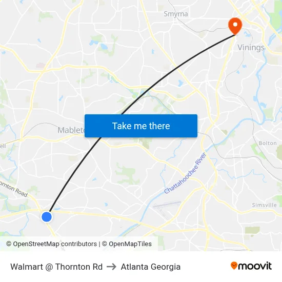 Walmart @ Thornton Rd to Atlanta Georgia map