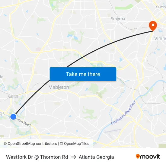 Westfork Dr @ Thornton Rd to Atlanta Georgia map