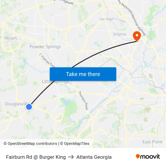 Fairburn Rd @ Burger King to Atlanta Georgia map