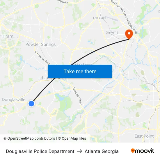 Douglasville Police Department to Atlanta Georgia map