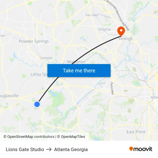 Lions Gate Studio to Atlanta Georgia map