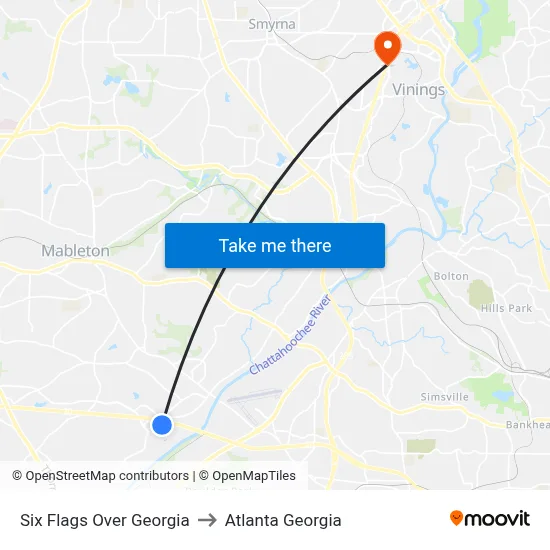 Six Flags Over Georgia to Atlanta Georgia map