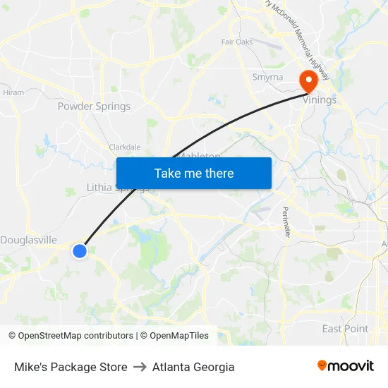 Mike's Package Store to Atlanta Georgia map