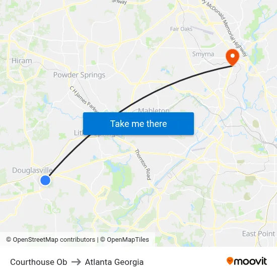 Courthouse Ob to Atlanta Georgia map
