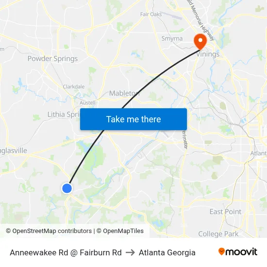 Anneewakee Rd @ Fairburn Rd to Atlanta Georgia map