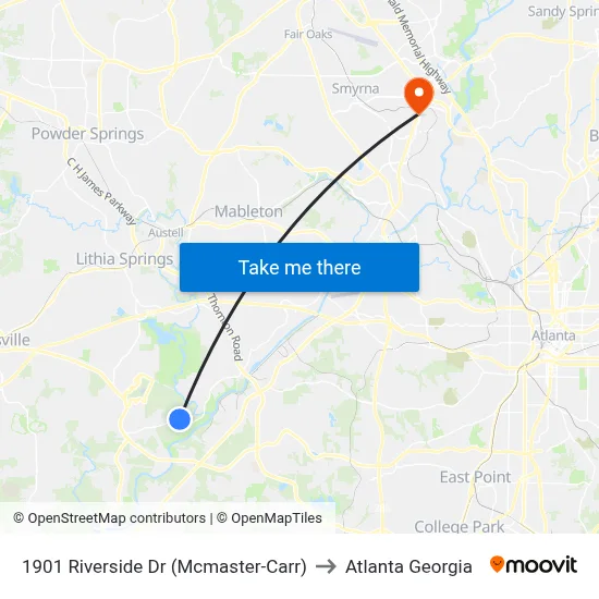 1901 Riverside Dr (Mcmaster-Carr) to Atlanta Georgia map