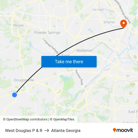 West Douglas P & R to Atlanta Georgia map