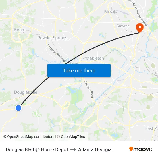 Douglas Blvd @ Home Depot to Atlanta Georgia map