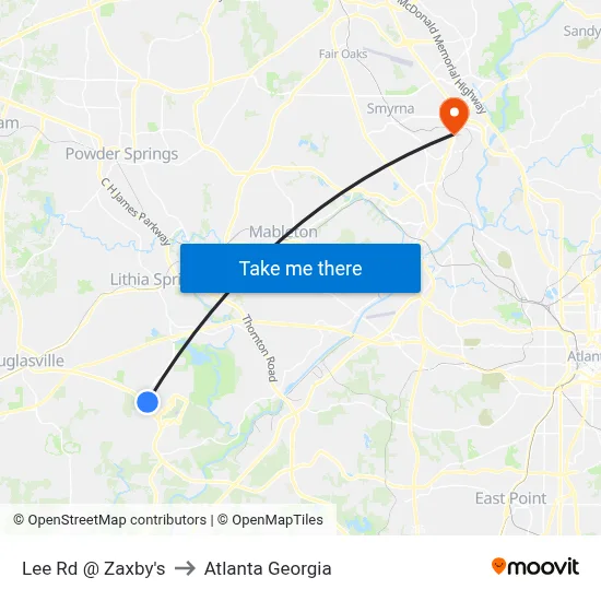 Lee Rd @ Zaxby's to Atlanta Georgia map