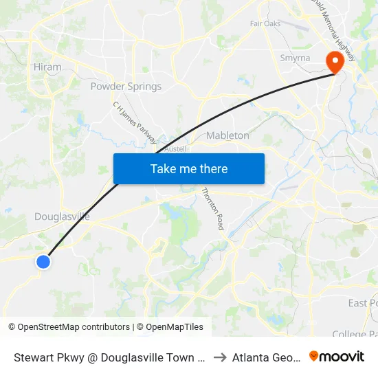 Stewart Pkwy @ Douglasville Town Center Ob to Atlanta Georgia map