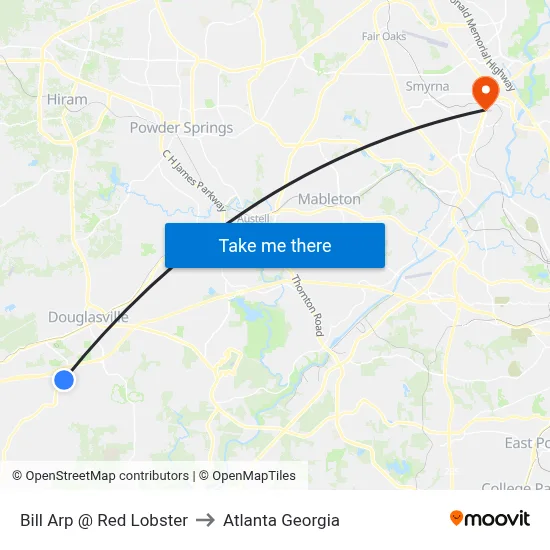 Bill Arp @ Red Lobster to Atlanta Georgia map