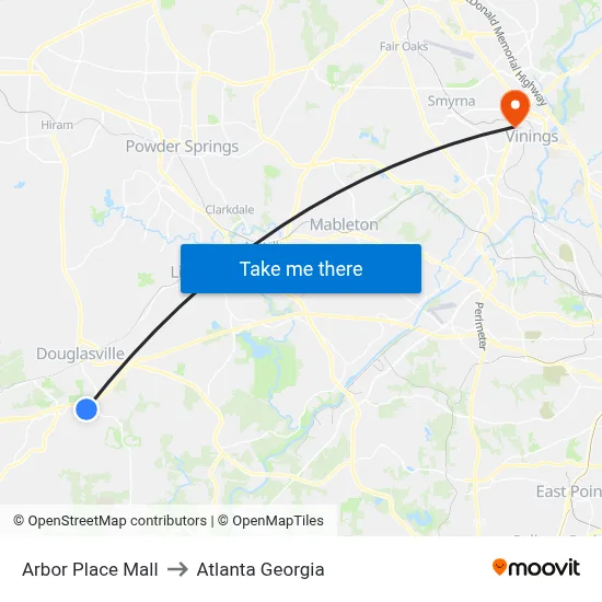 Arbor Place Mall to Atlanta Georgia map