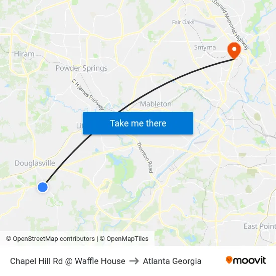 Chapel Hill Rd @ Waffle House to Atlanta Georgia map