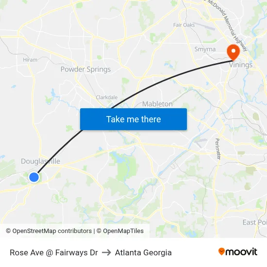 Rose Ave @ Fairways Dr to Atlanta Georgia map