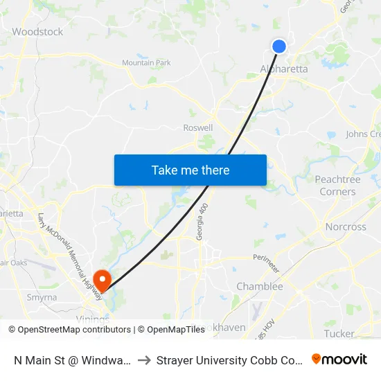 N Main St @ Windward Pkwy W to Strayer University Cobb County Campus map