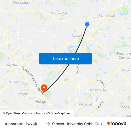 Alpharetta Hwy @ Mansell Pl to Strayer University Cobb County Campus map