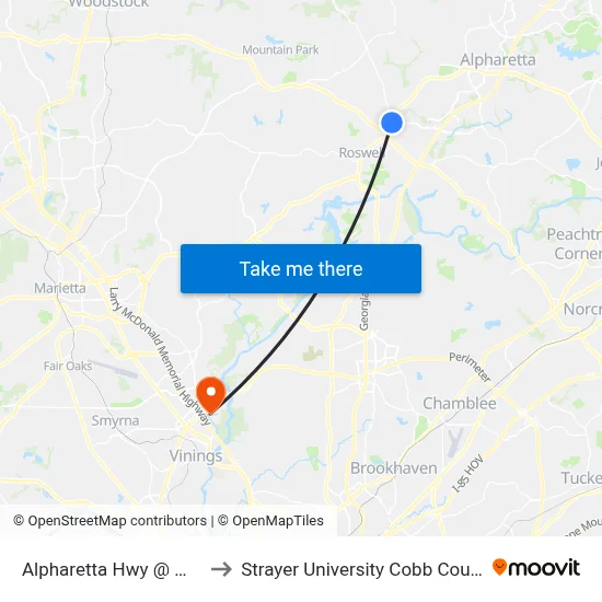 Alpharetta Hwy @ Mansell Rd to Strayer University Cobb County Campus map