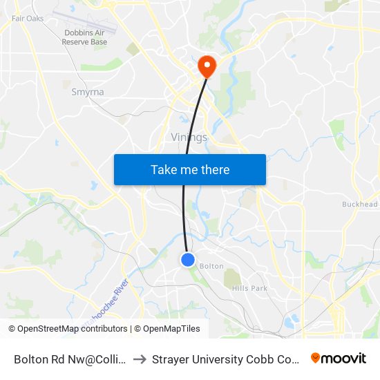 Bolton Rd Nw@Collins Rd NW to Strayer University Cobb County Campus map