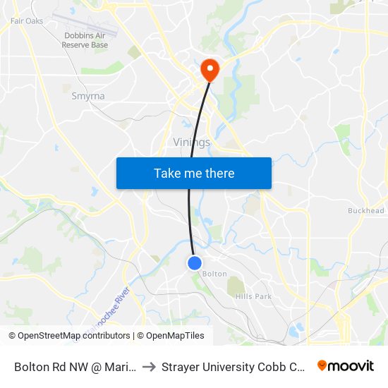 Bolton Rd NW @ Marietta Rd NW to Strayer University Cobb County Campus map